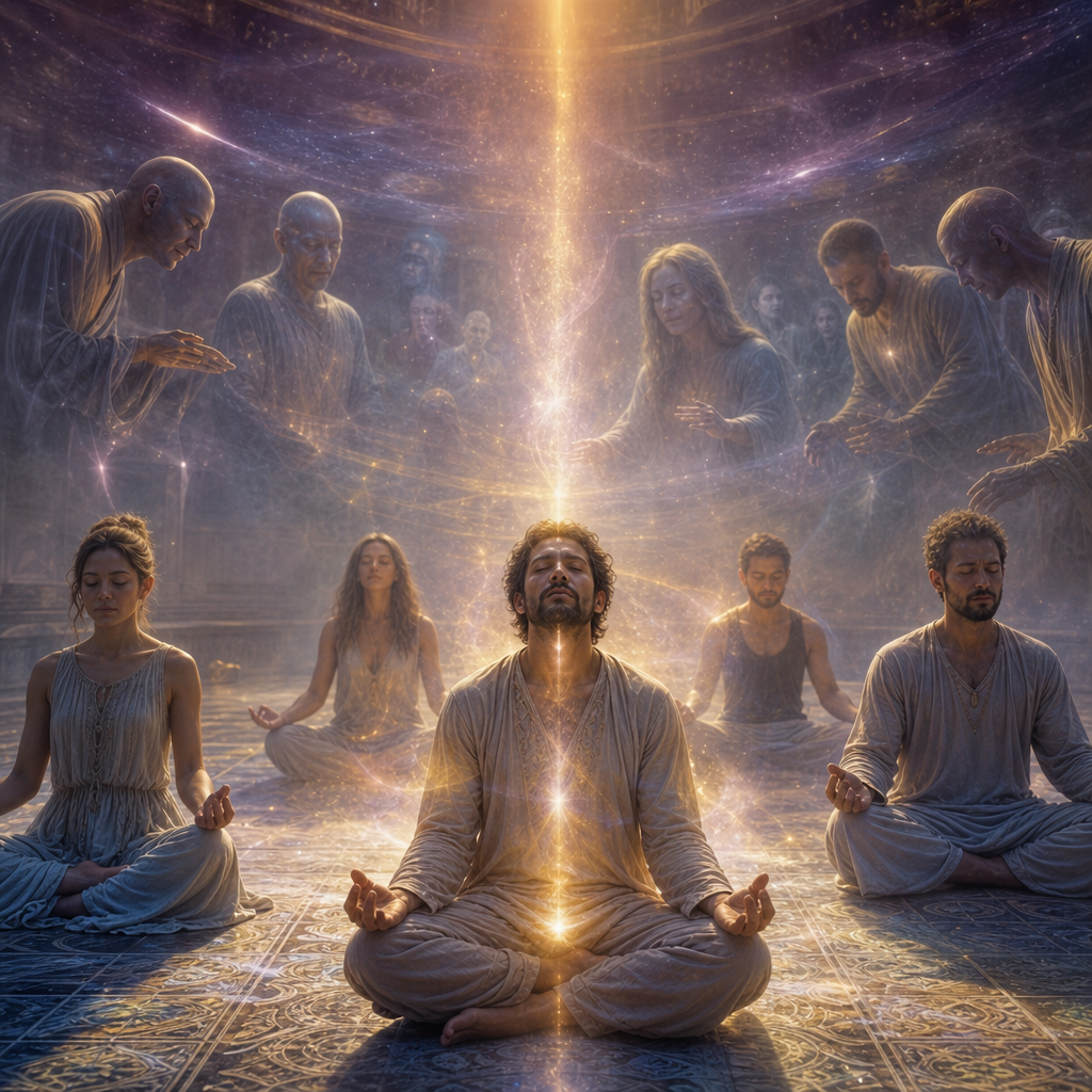 Pessoas em meditação recebendo frequências luminosas, com figuras sutis e serenas ao fundo representando influências do astral inferior de forma não ameaçadora