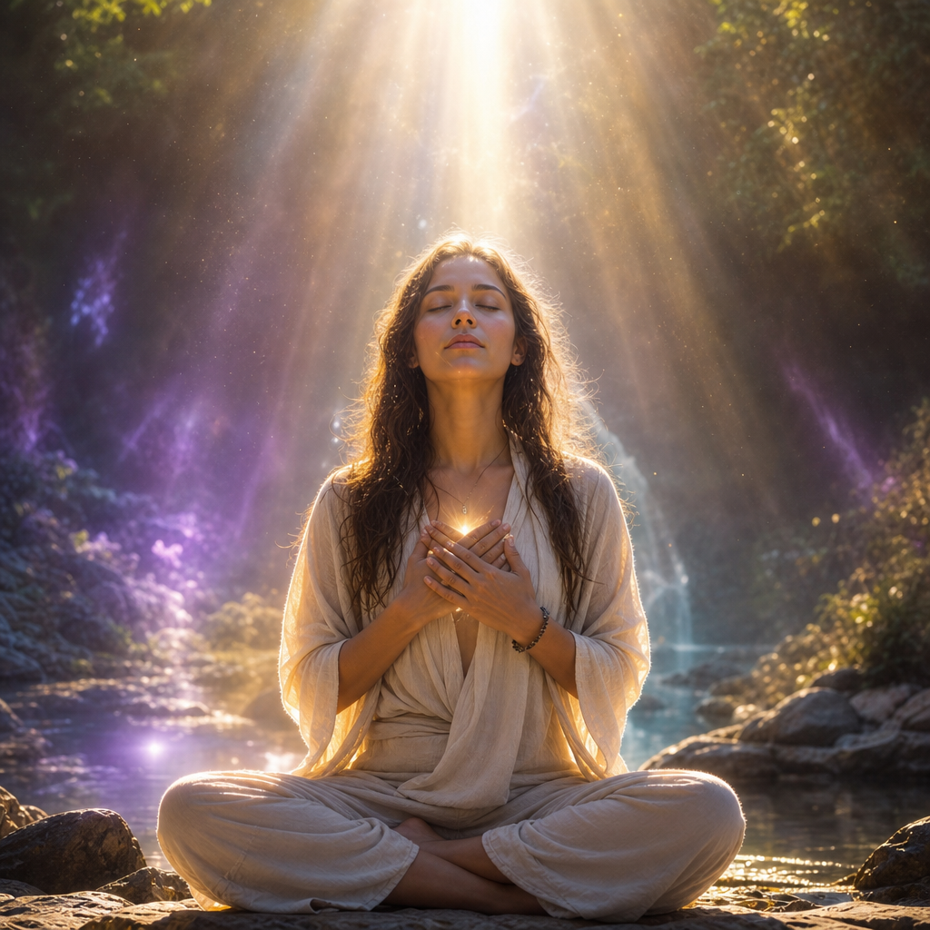 Uma pessoa em meditação cercada por luz suave, simbolizando a limpeza e purificação emocional do Ho’oponopono.