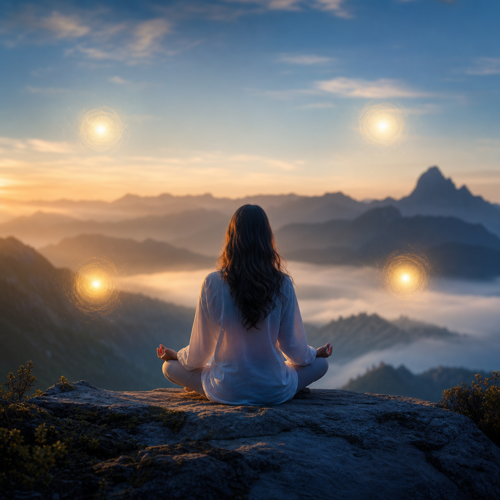 Pessoa meditando em um ambiente sereno, cercada por quatro luzes suaves que simbolizam as palavras-chave do Ho’oponopono.