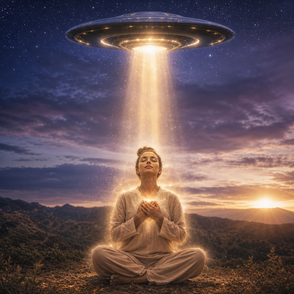 Uma pessoa em meditação cercada por uma aura de paz, com uma nave extraterrestre benevolente projetando luz suave sobre ela.