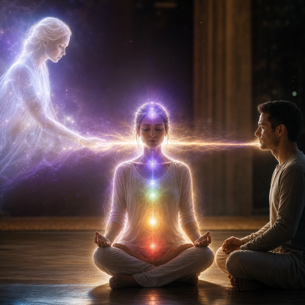Uma pessoa em estado mediúnico servindo de ponte luminosa entre uma consciência espiritual serena e uma consciência física.
