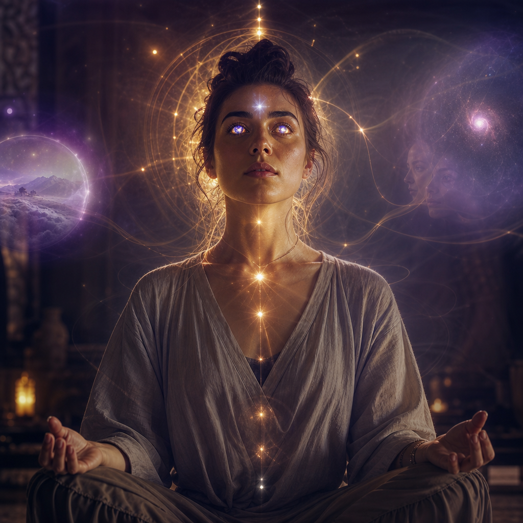 Pessoa em meditação com aura cósmica luminosa, olhos refletindo estrelas e energia sutil indicando percepção extrassensorial.