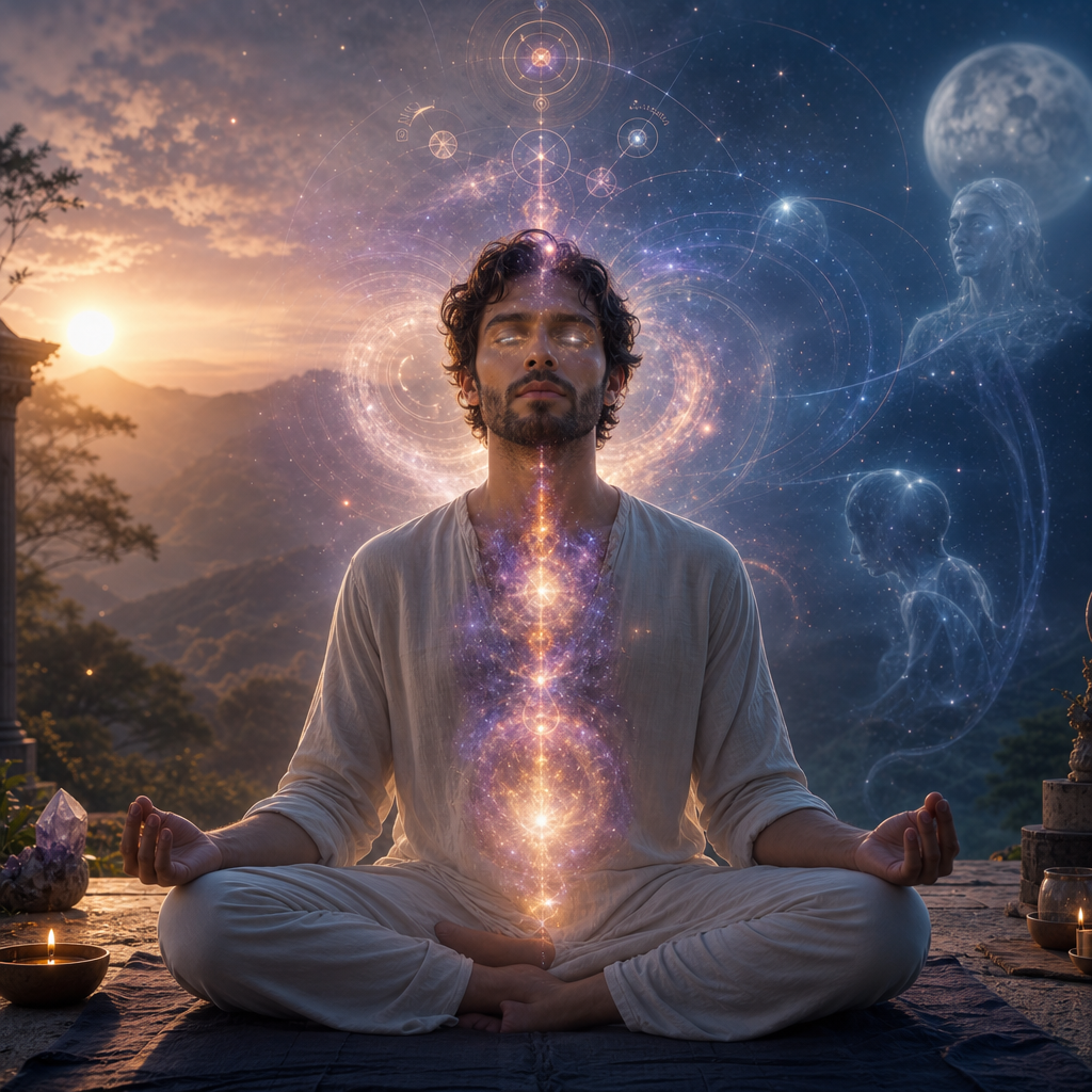 Uma pessoa meditante com aura cósmica visível e olhos refletindo estrelas, representando percepções fora do padrão material e a distinção entre parapsiquismo e mediunidade.