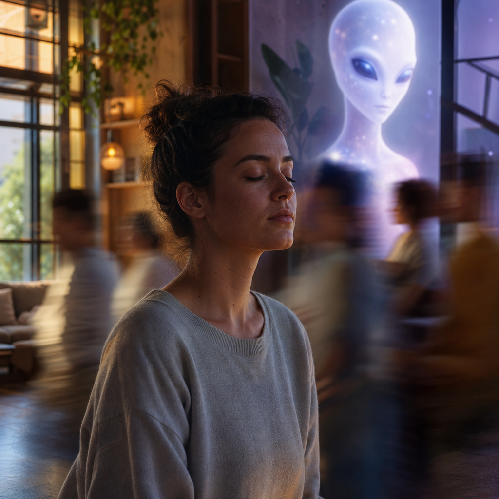 Uma pessoa em pausa, respirando em silêncio, com uma presença extraterrestre benevolente e luminosa ao fundo, simbolizando reconexão interior.