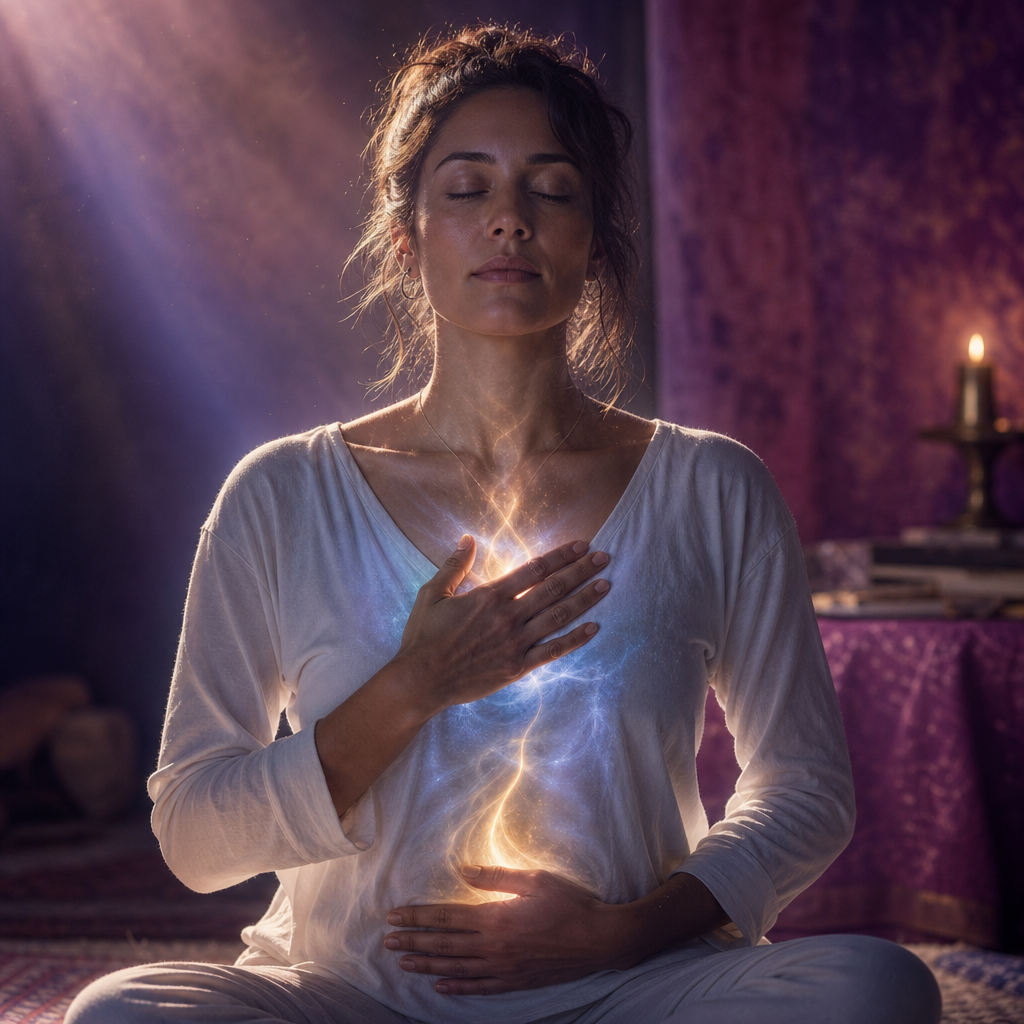 Uma pessoa em meditação respirando com calma, com foco no momento presente e em sensações do corpo.