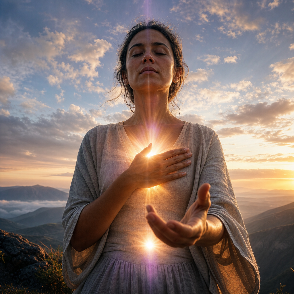 Uma pessoa em postura calma e consciente, com luz suave saindo do centro do peito e do abdômen, simbolizando agir com presença.