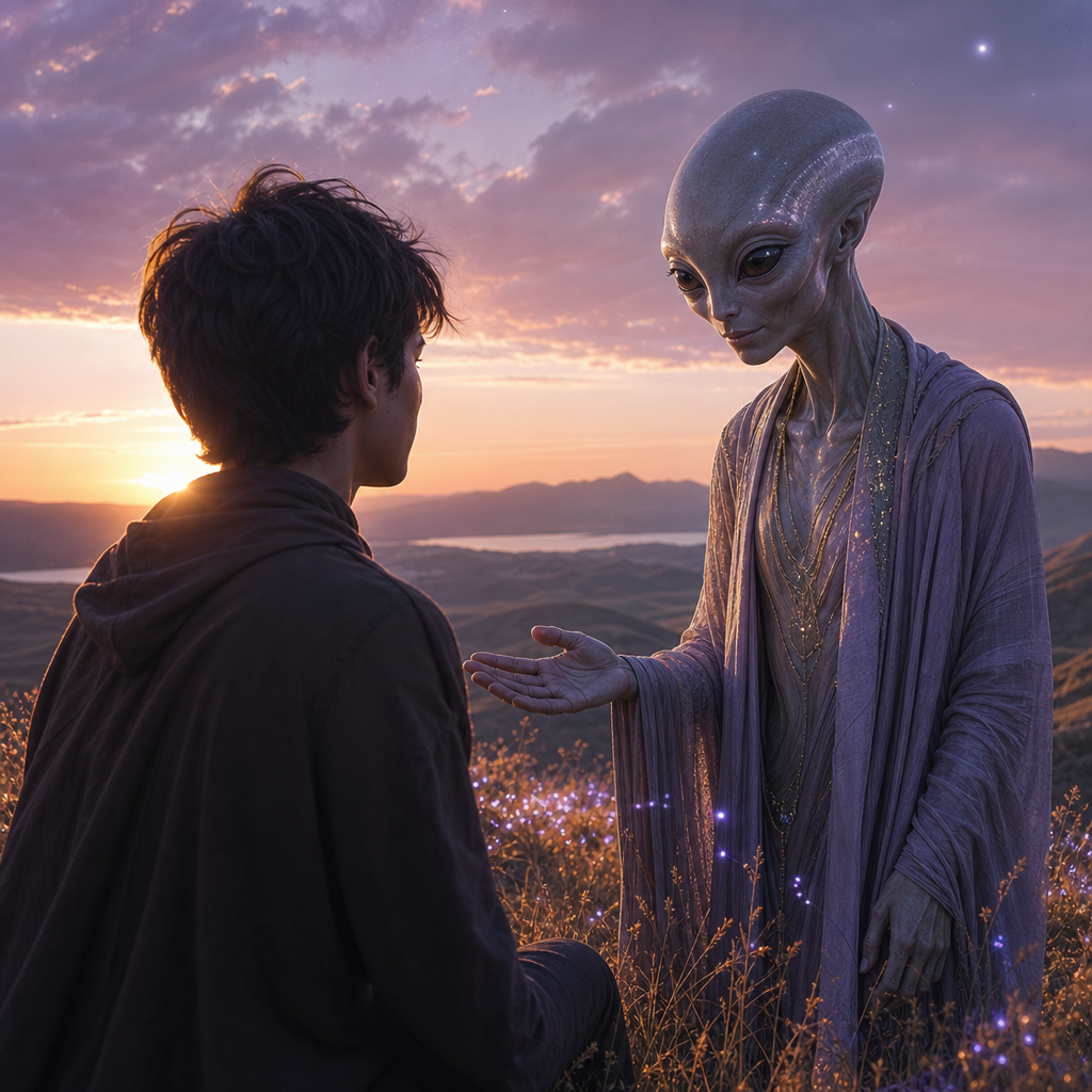 Um humano encontra um extraterrestre benevolente em um cenário sereno, simbolizando que cada pessoa que entra em nossa vida tem um propósito.