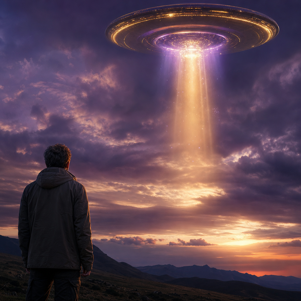 Uma pessoa em contemplação ao ar livre, olhando para uma nave extraterrestre luminosa no céu, representando aceitação de que tudo aconteceu como deveria.