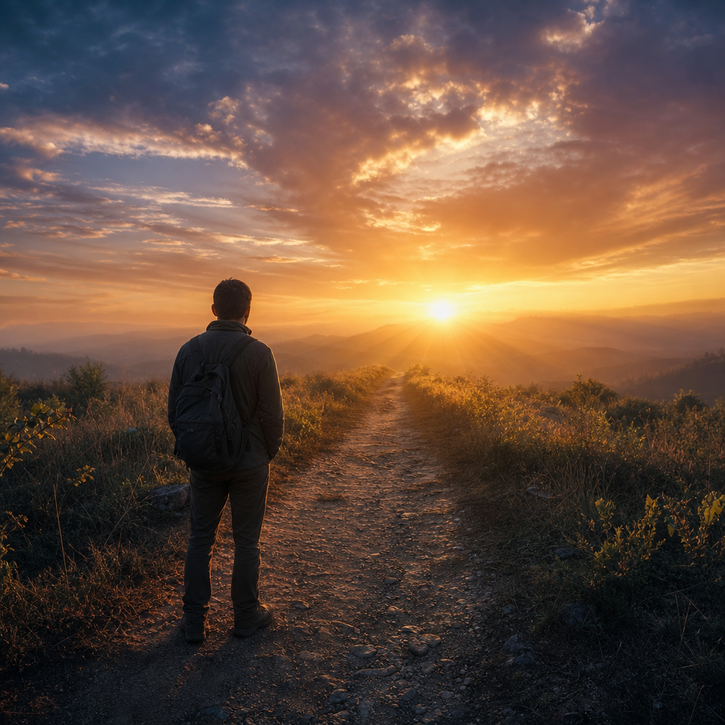 Uma pessoa parada no início de um caminho ao amanhecer, com luz dourada simbolizando o momento certo para começar.