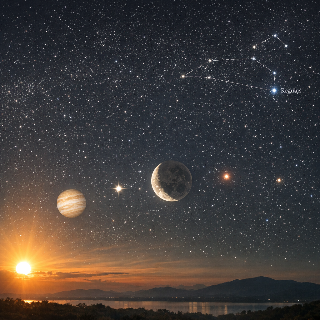 Alinhamento astronômico com Sol, Lua, planetas e a constelação de Leão no céu.