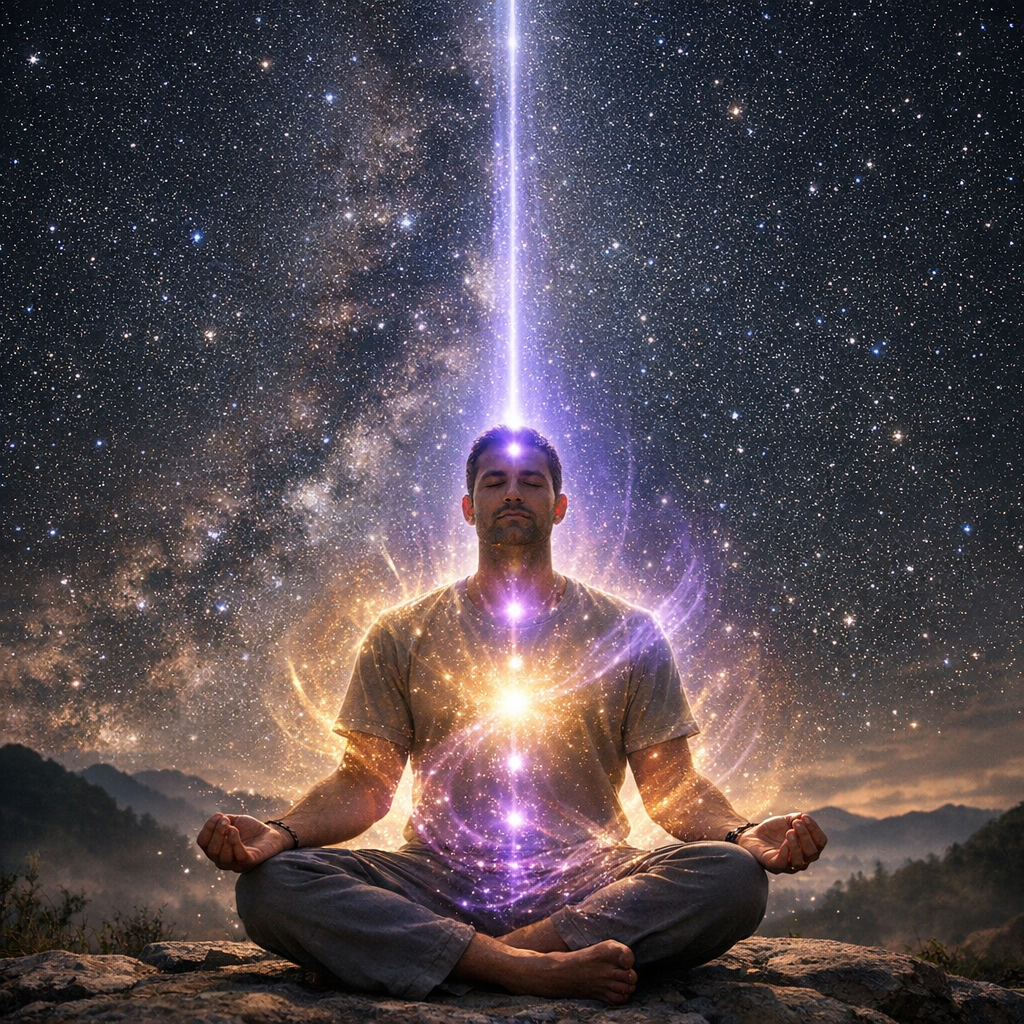 Pessoa meditando com aura cósmica brilhando e conexão luminosa com o céu estrelado.