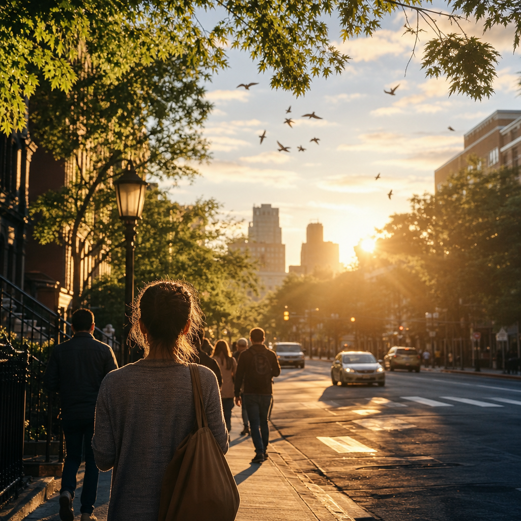Uma cena urbana tranquila ao amanhecer, com pessoas caminhando e a vida seguindo normalmente após a data mencionada.