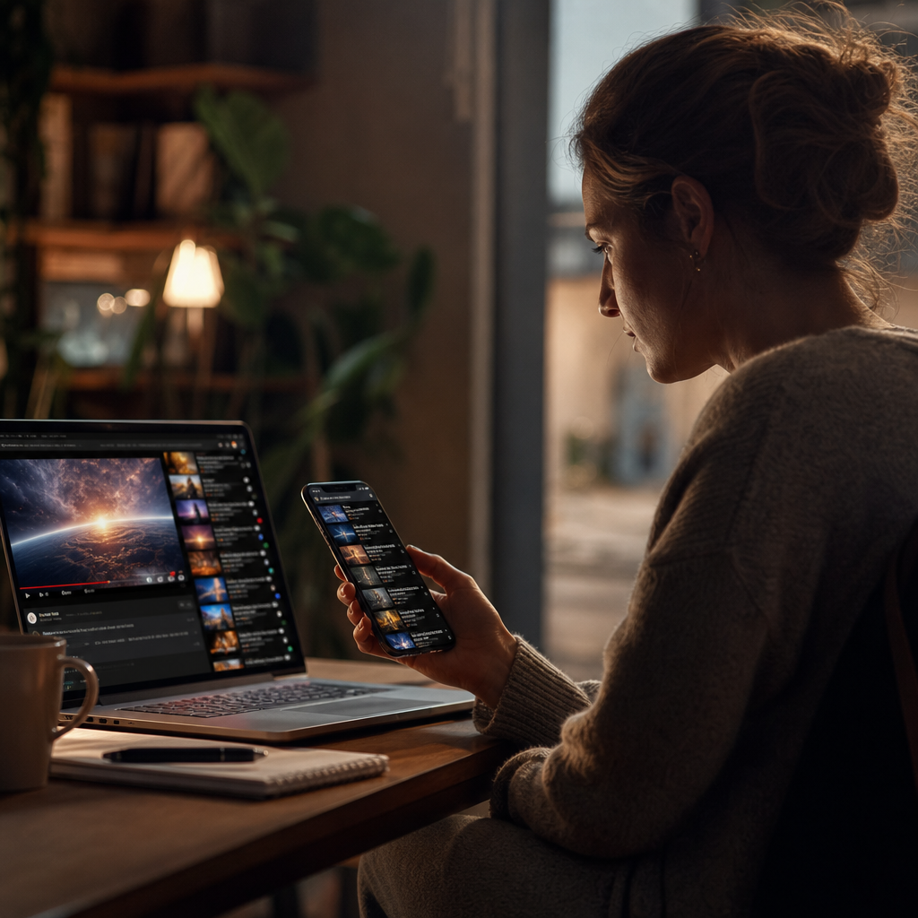Pessoa observando em um laptop e celular conteúdos sobre fim dos tempos e transição planetária em um ambiente sereno e contemplativo.
