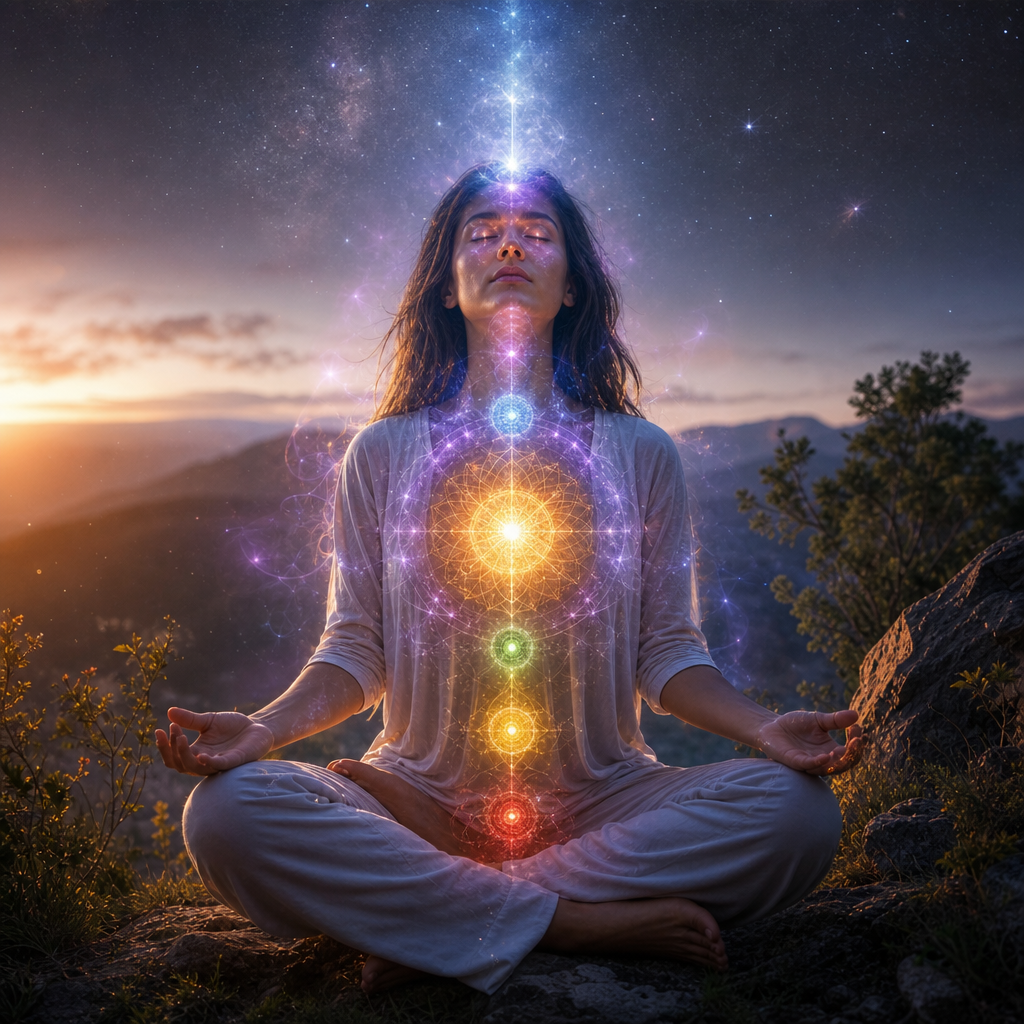 Uma pessoa meditando em um ambiente sereno, com aura cósmica visível, chakras luminosos e conexão de luz com o céu estrelado, representando consciência e preparação interior.