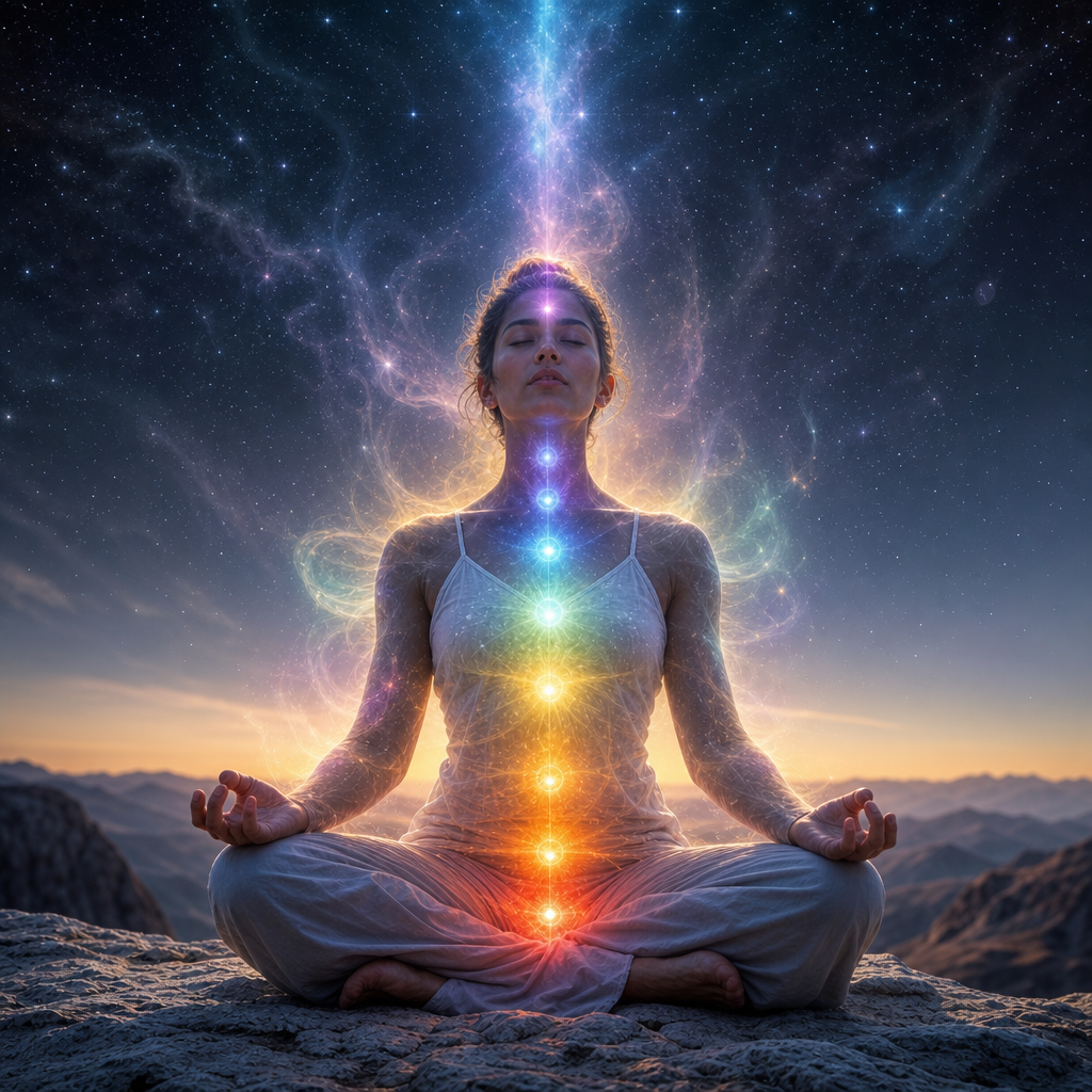Uma pessoa meditando com aura cósmica visível, chakras iluminados e uma conexão luminosa com o céu estrelado.