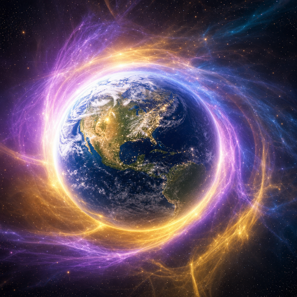 Planeta Terra envolvido por uma grande onda luminosa e contínua de energia vibracional violeta, dourada e azul, representando a Onda Shan atuando ao redor do planeta.