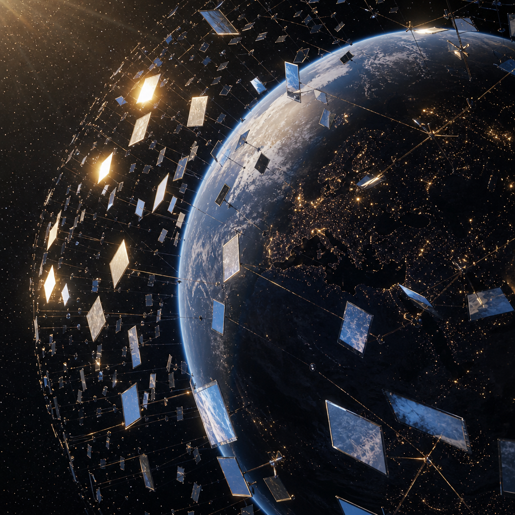 Uma rede luminosa de espelhos envolvendo o planeta Terra e refletindo luz ao redor do globo.
