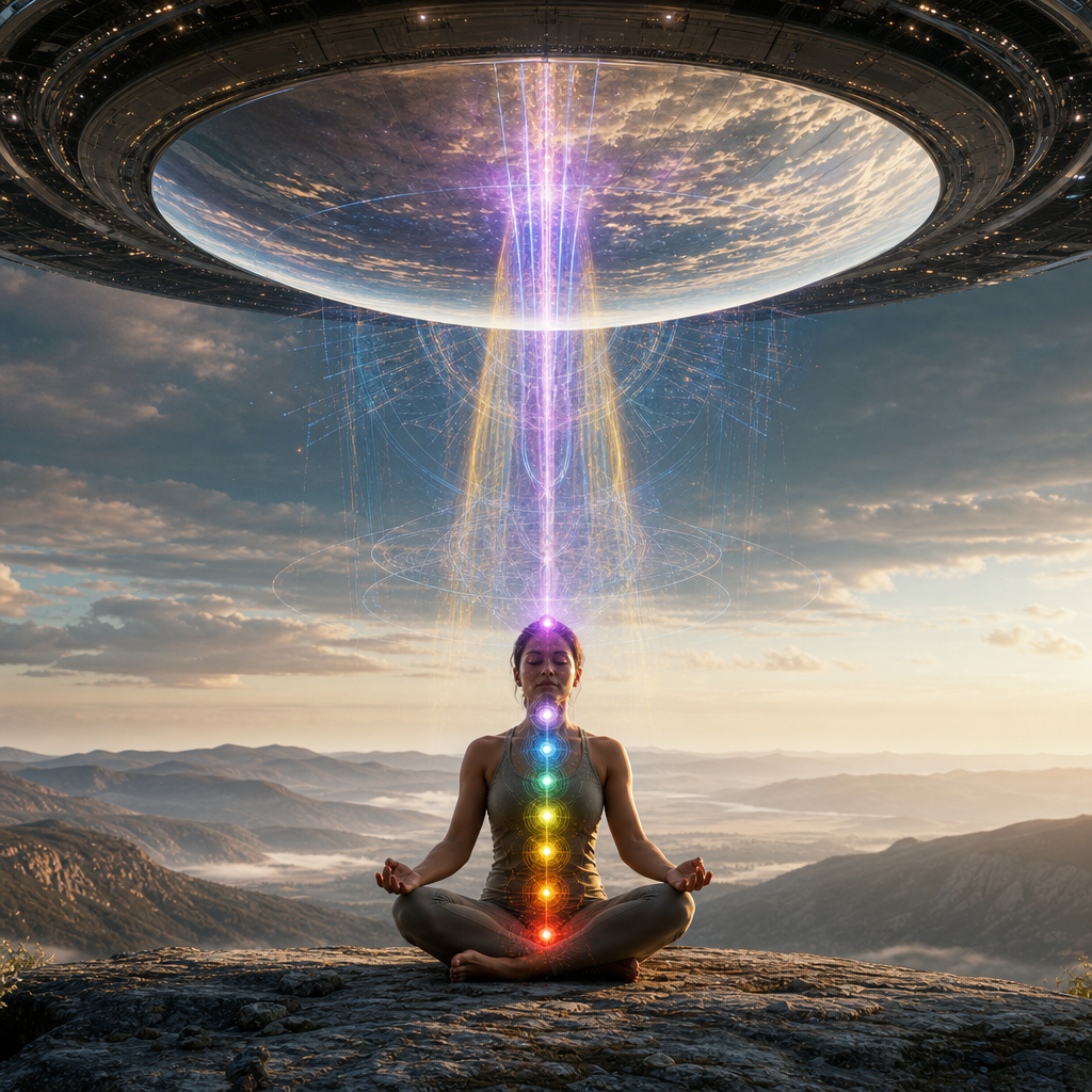 Um grande espelho planetário filtra feixes de informação luminosa que chegam a uma pessoa em meditação, irradiando energia aos chakras.