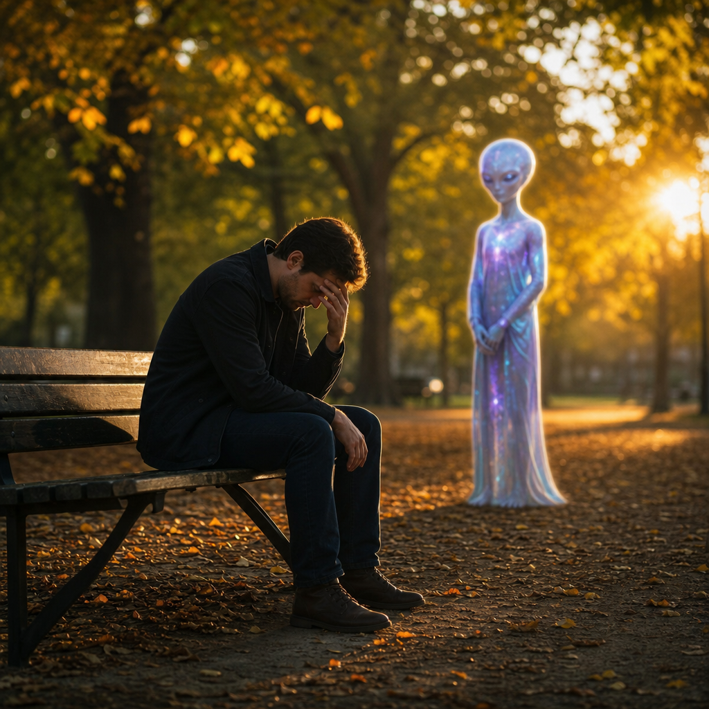 Uma pessoa sentada em um banco com postura de autocomiseração, observada à distância por um extraterrestre benevolente em um parque iluminado.