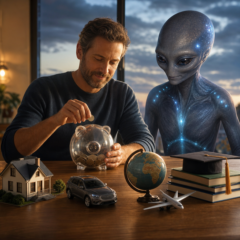 Uma pessoa organiza economias para metas concretas, como casa, carro, viagem e estudos, com um extraterrestre benevolente observando de forma acolhedora ao lado.