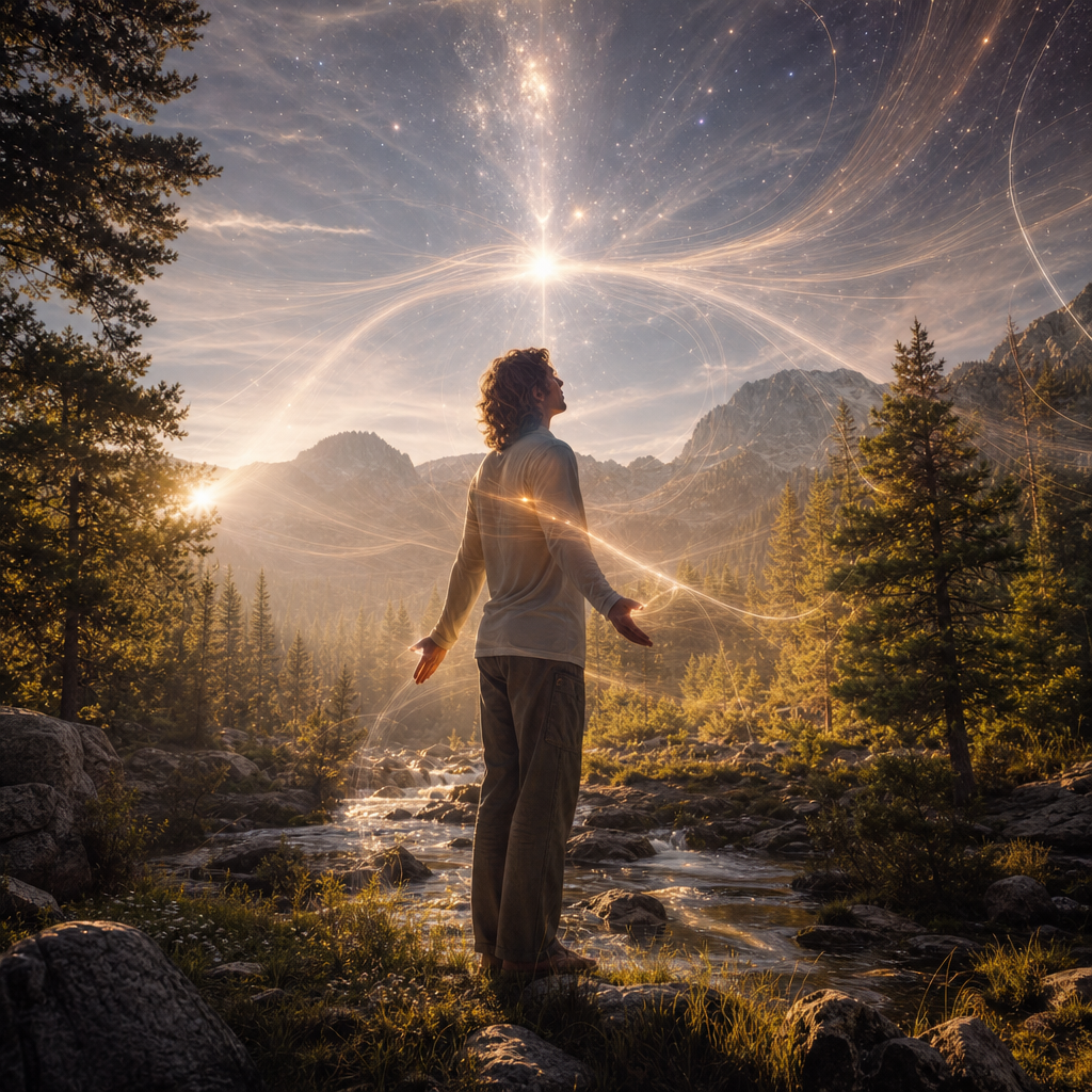 Uma pessoa em harmonia com a natureza, conectada por luz suave a fluxos cósmicos e energias serenas que representam as leis universais fluindo naturalmente.