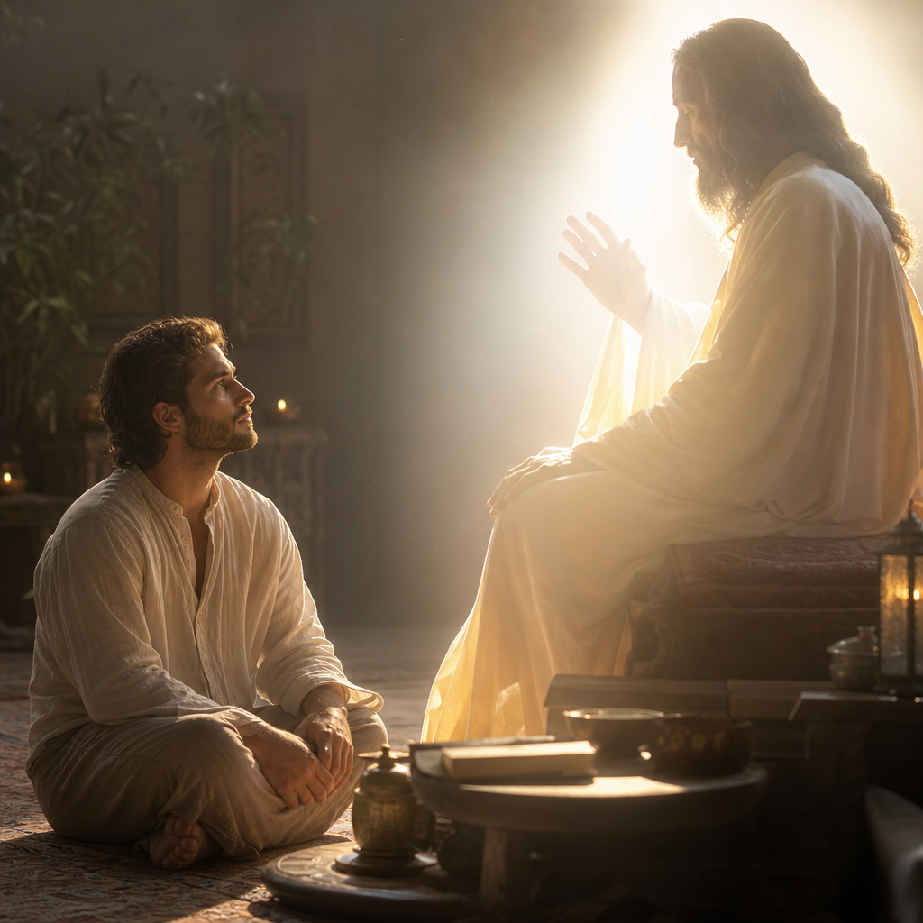 Uma pessoa em ambiente espiritual luminoso, diante de uma figura carismática muito iluminada, enquanto sua própria luz interior aparece em contraste, representando o desvio pelo fanatismo e a necessidade de discernimento.