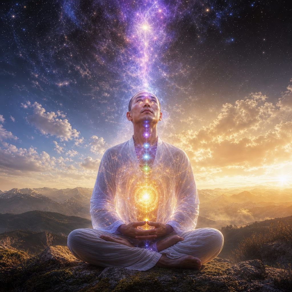 Uma pessoa meditando com aura cósmica visível, núcleo estelar brilhando no corpo, olhos com reflexos de estrelas e energia espiritual subindo em direção ao céu.