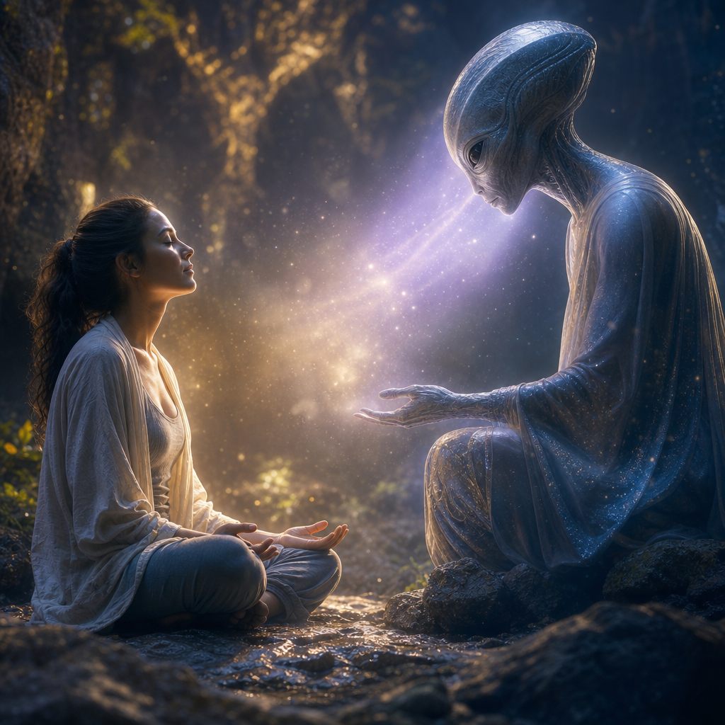 Uma pessoa meditando em contato sereno com um ser extraterrestre benevolente, envoltos por luz espiritual.
