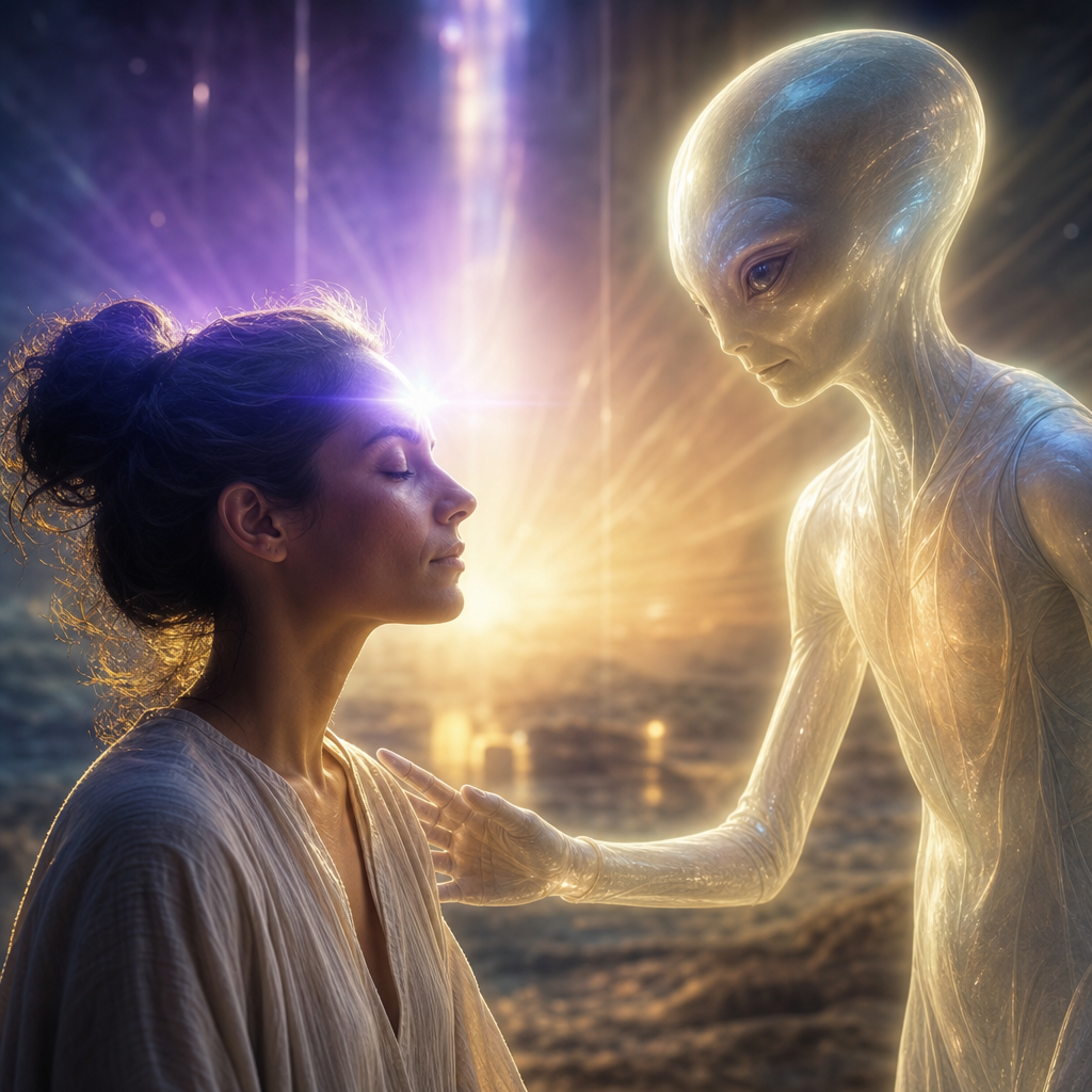 Uma pessoa em meditação com um brilho na testa, diante de um extraterrestre amigável e luminoso.