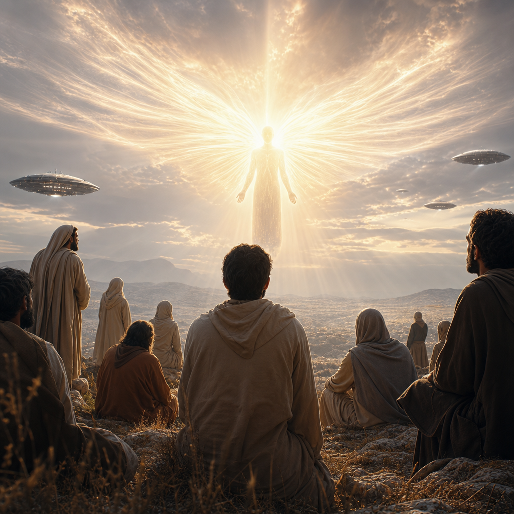 Uma cena serena mostrando pessoas observando uma figura luminosa e naves extraterrestres discretas ao fundo, representando a interpretação limitada de visitantes avançados.