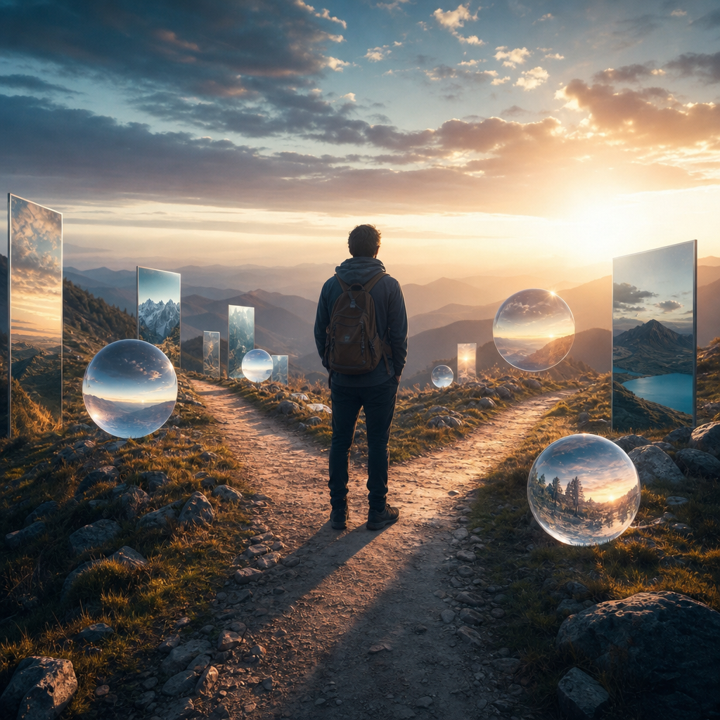 Uma pessoa em uma trilha montanhosa olhando para o horizonte, cercada por símbolos luminosos de reflexão e múltiplas perspectivas, representando consciência e verdade.