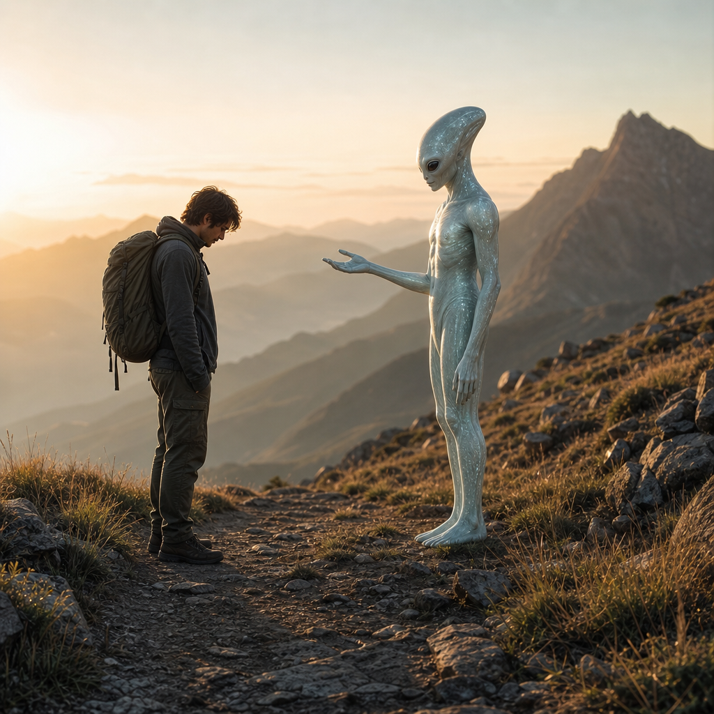 Uma pessoa em uma trilha de montanha ao amanhecer, em postura humilde, ao lado de um ser extraterrestre sereno e acolhedor, representando aprendizado e atenção aos próprios limites.