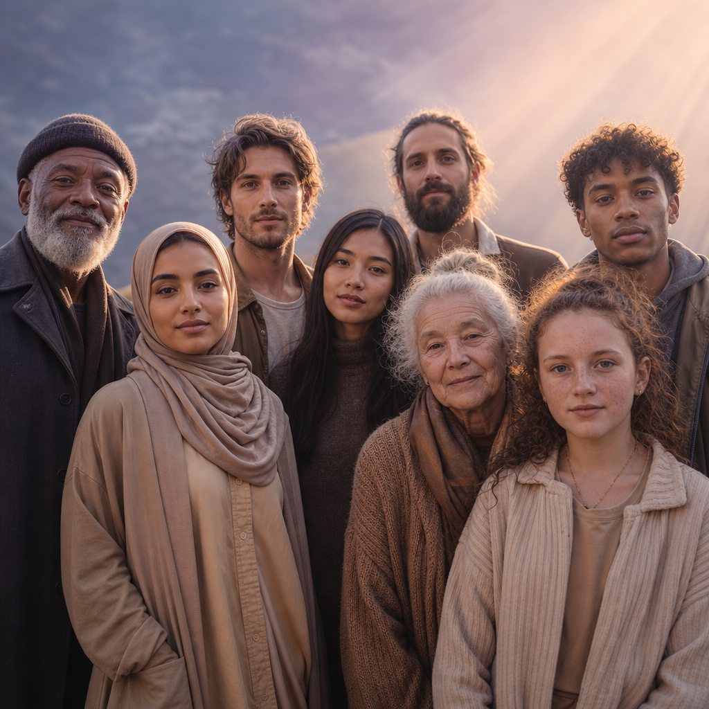 Um grupo de pessoas diversas, com aparências e expressões diferentes, reunidas de forma harmoniosa e serena.