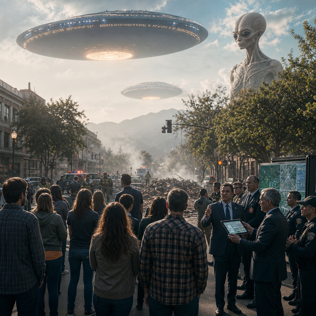 Uma situação de crise leva pessoas a reagirem enquanto autoridades mostram uma solução pronta, com naves extraterrestres benevolentes acima.