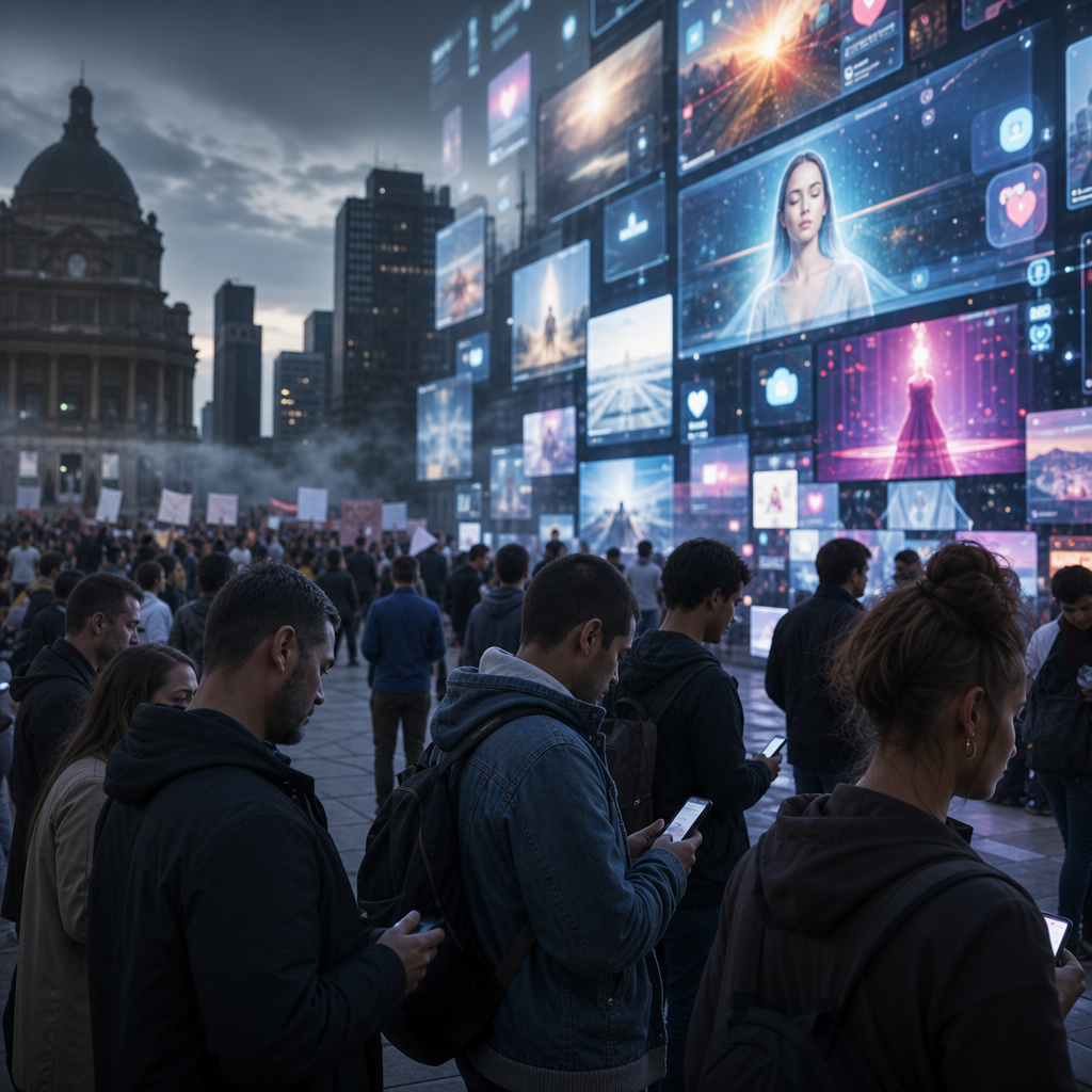 Uma praça pública iluminada por telas e hologramas que atraem a atenção das pessoas, enquanto assuntos importantes ficam em segundo plano.