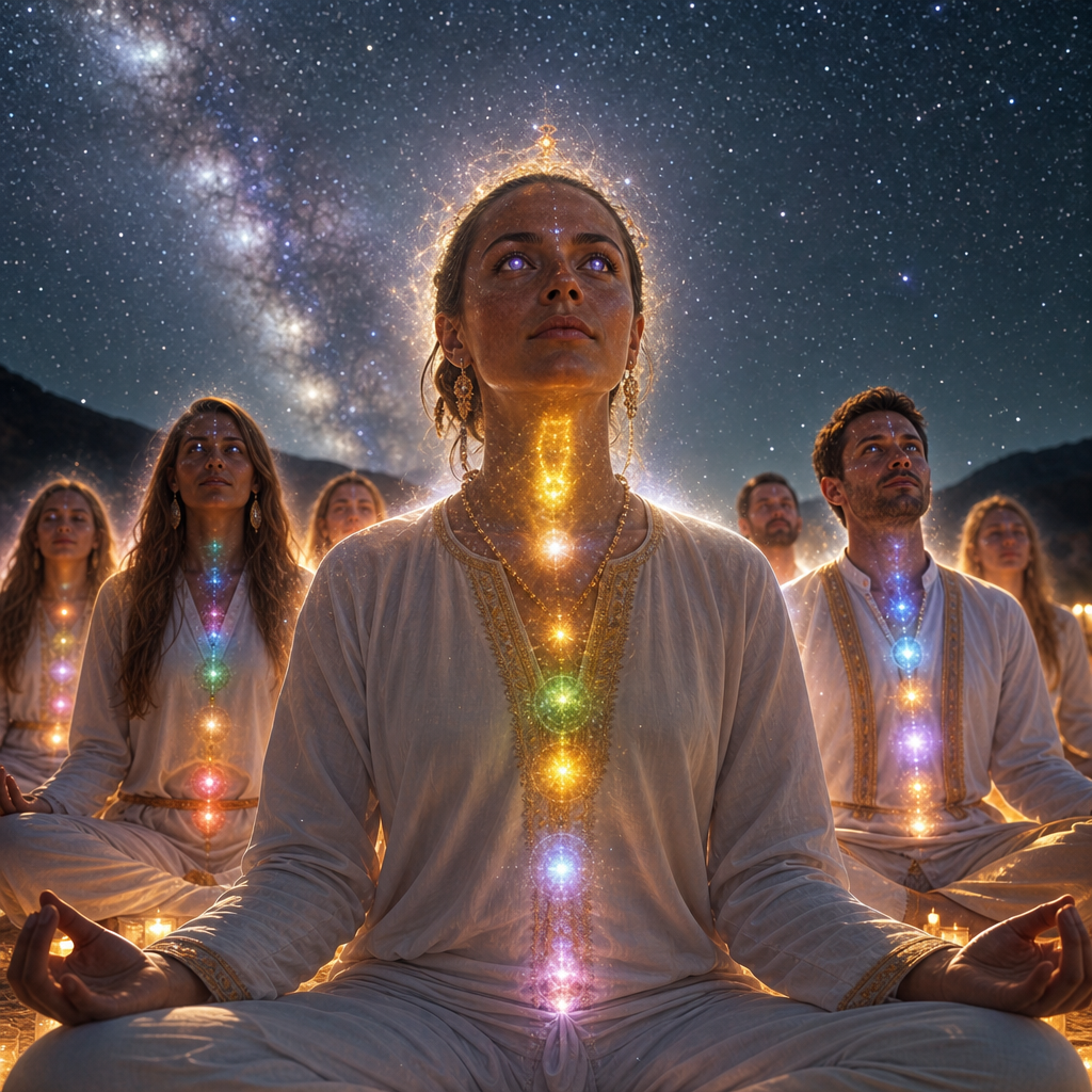 Grupo de pessoas meditativas com aura cósmica visível, chakras luminosos e olhos com reflexos de estrelas sob um céu estrelado.
