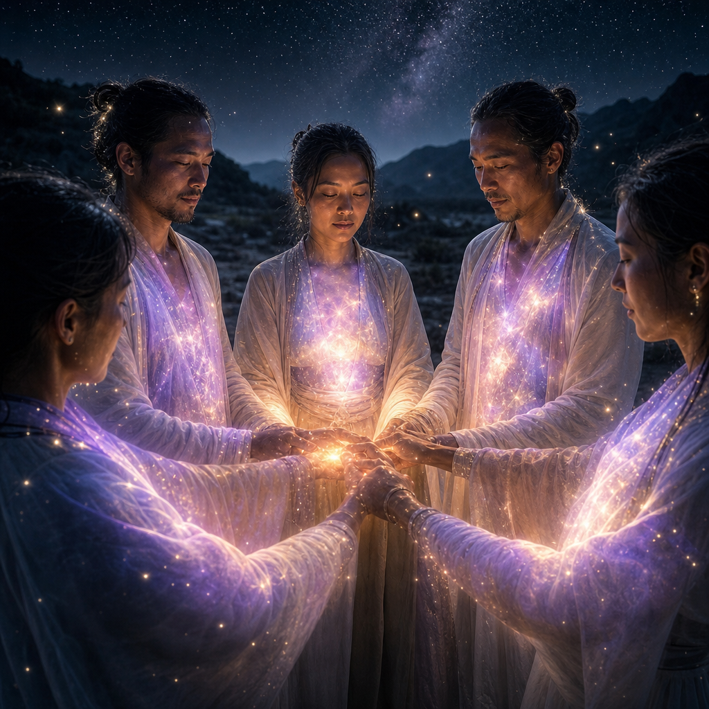 Um grupo de missionários de Shan em forma humana, reunido em círculo, com aura cósmica visível e brilho estelar irradiando de dentro.