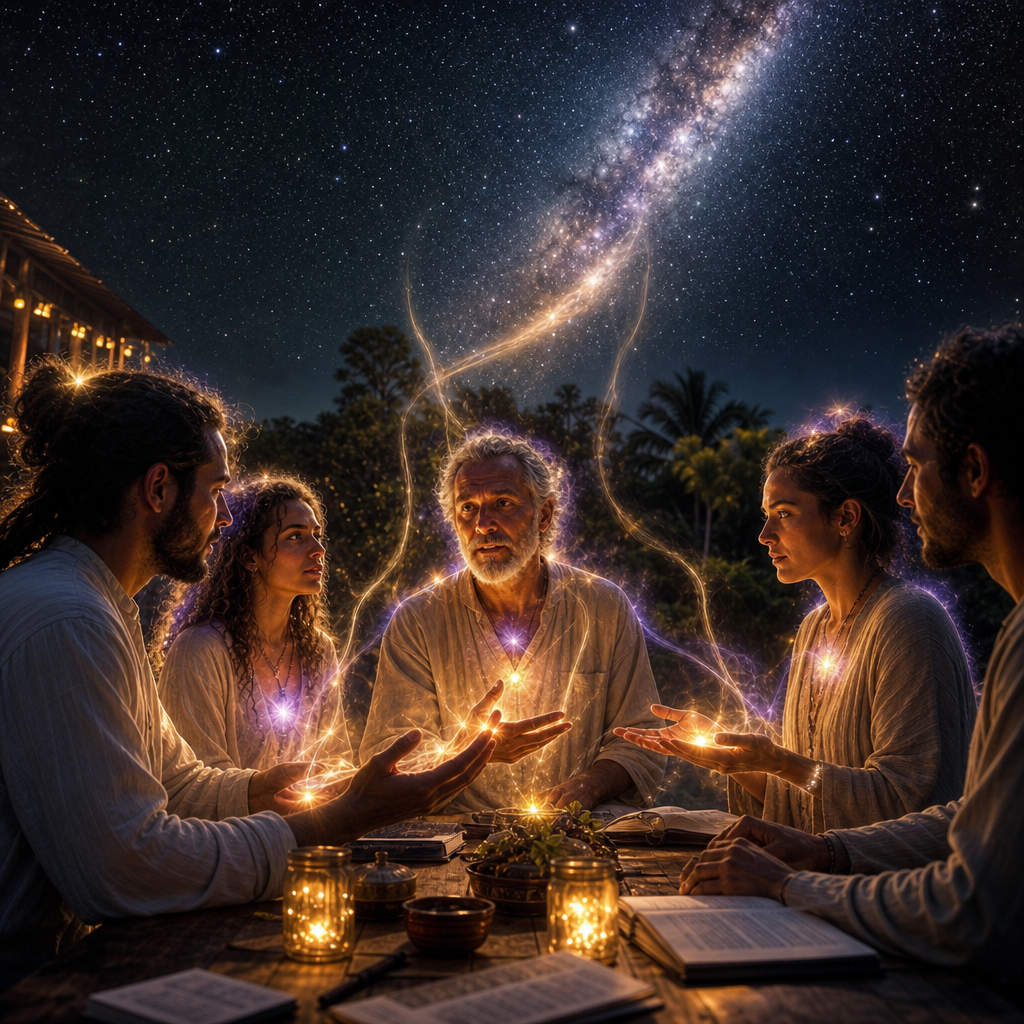 Grupo de pessoas com aura cósmica visível e conexão luminosa com o céu estrelado, representando a colaboração na missão do Projeto Shan.