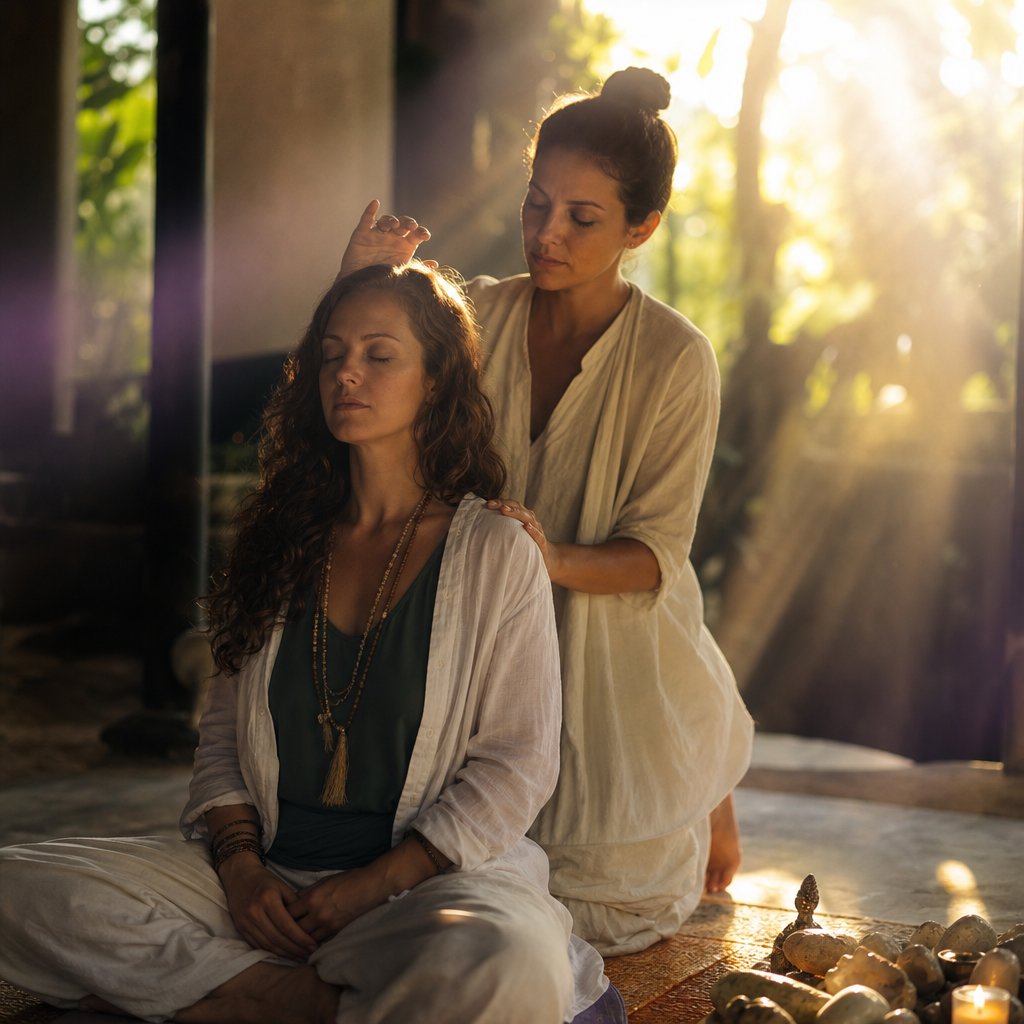 Uma pessoa ajuda outra em um momento de espiritualidade e expansão da consciência, em ambiente sereno e iluminado.
