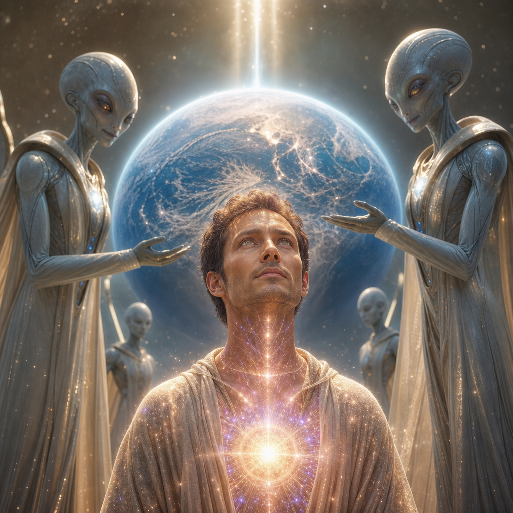 Um humano com aura cósmica brilhante diante da Terra azul, enquanto seres extraterrestres benevolentes destacam a origem estelar e luminosa de Shan.