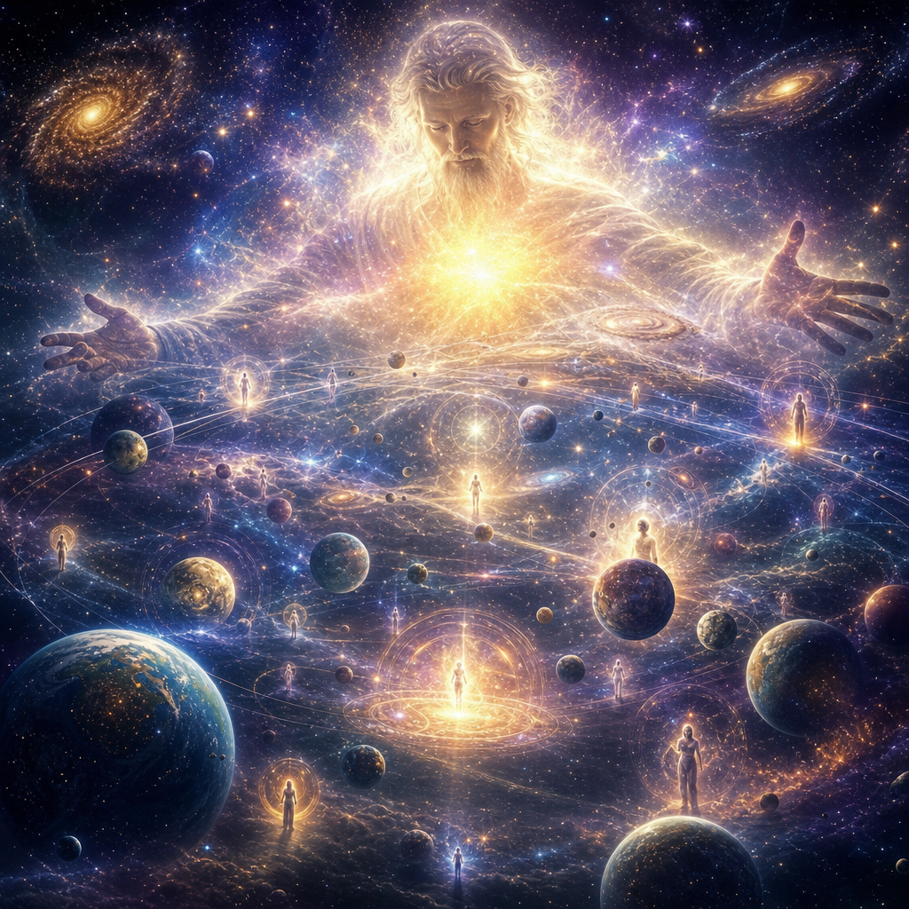 Uma visão cósmica serena da Fonte Criadora irradiando luz por universos com consciências livres, planetas em formação e almas surgindo em um cenário luminoso.