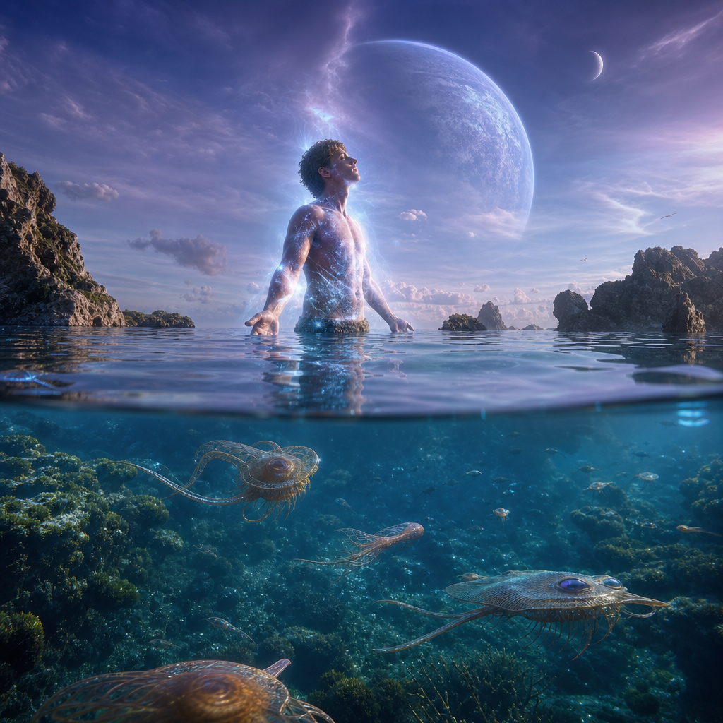 O planeta Shan em sua fase antiga, com oceanos extensos e vida aquática evolutiva, e uma figura humana com aura cósmica visível simbolizando a migração de consciências.
