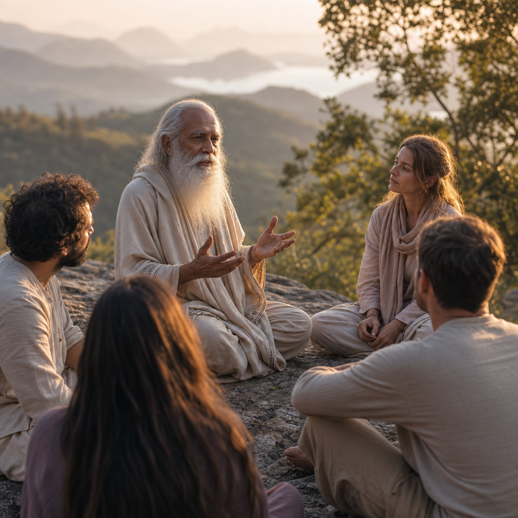 Um mestre espiritual orientando calmamente um pequeno grupo em um ambiente natural sereno, representando orientações práticas para poupar energia mental.
