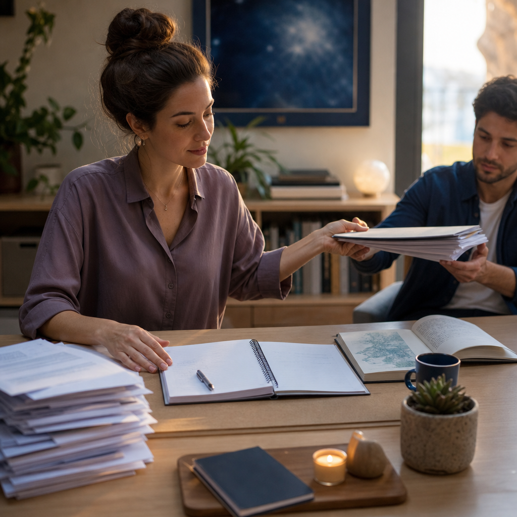 Uma pessoa organiza tarefas em uma mesa, separando obrigações cansativas do tempo de descanso e de atividades prazerosas.
