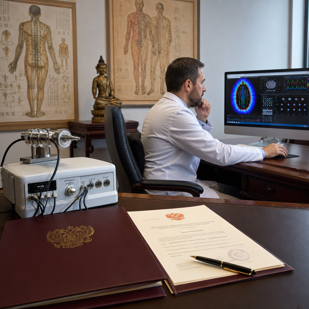 Uma sala oficial de reconhecimento científico com documentos, equipamentos médicos de bioeletrografia GDV e um profissional de saúde analisando os resultados.