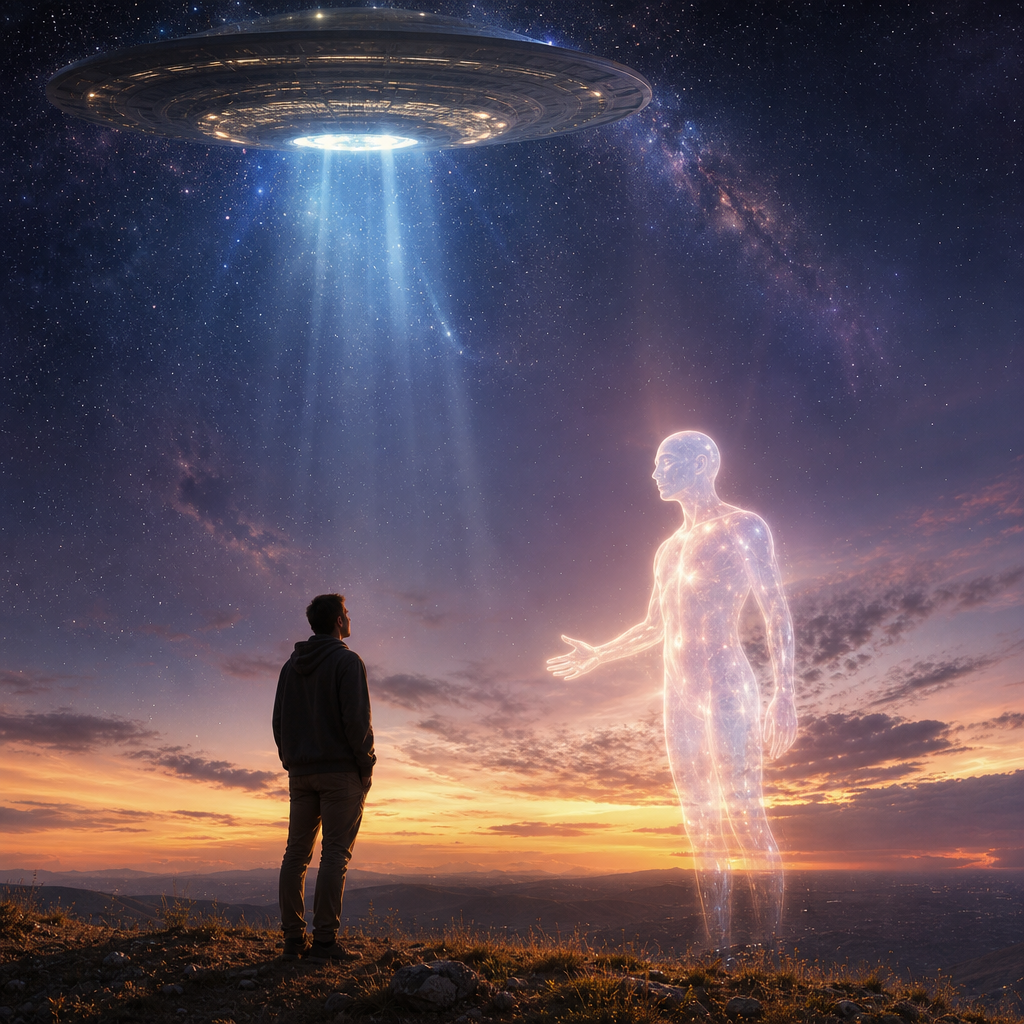 Uma pessoa olha para o céu enquanto uma presença extraterrestre luminosa e pacífica aparece ao lado, sob um céu cósmico com uma nave disco voadora ao fundo.