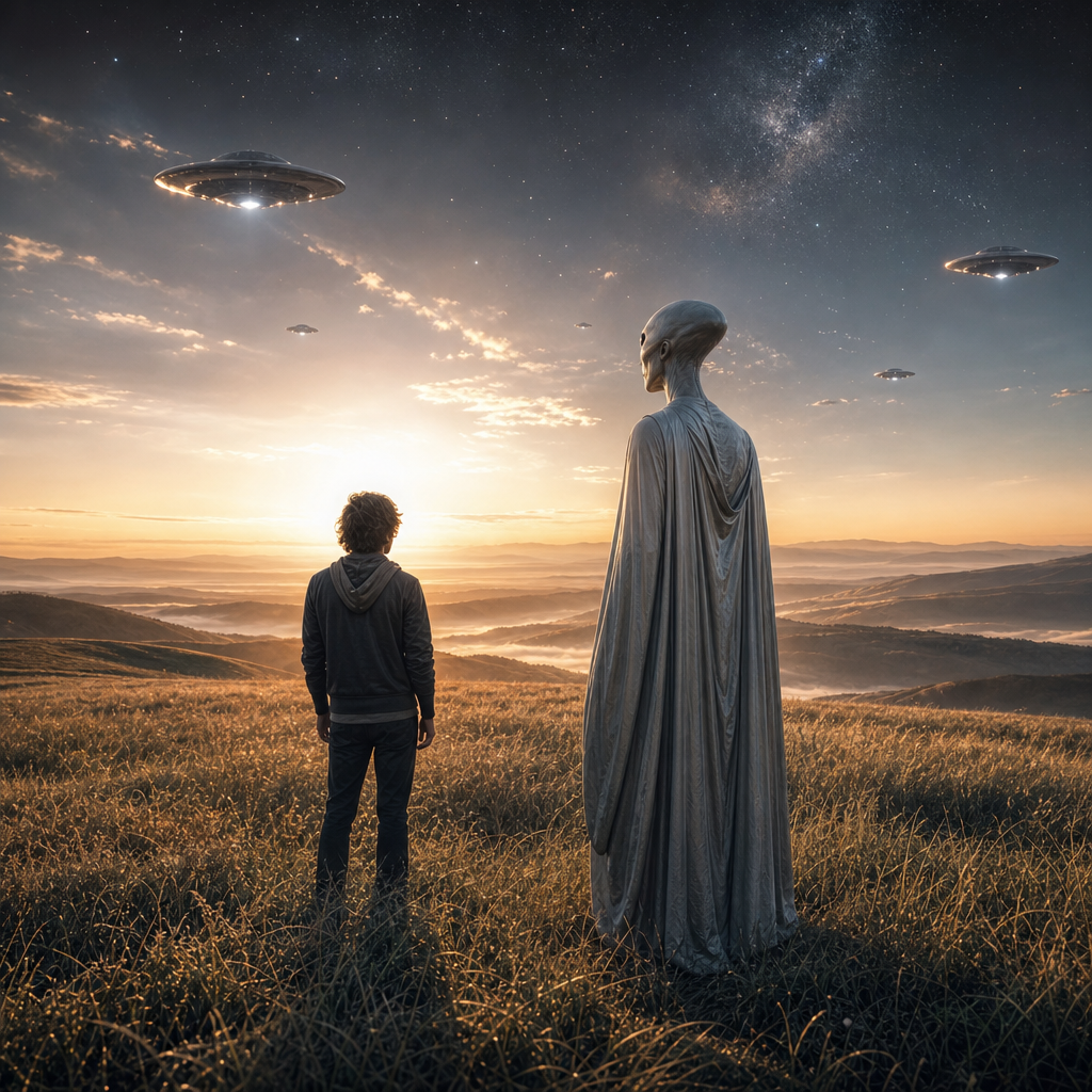 Uma pessoa em um campo luminoso diante de uma presença extraterrestre serena, com naves distantes no céu e luzes suaves simbolizando espiritualidade além de rótulos.