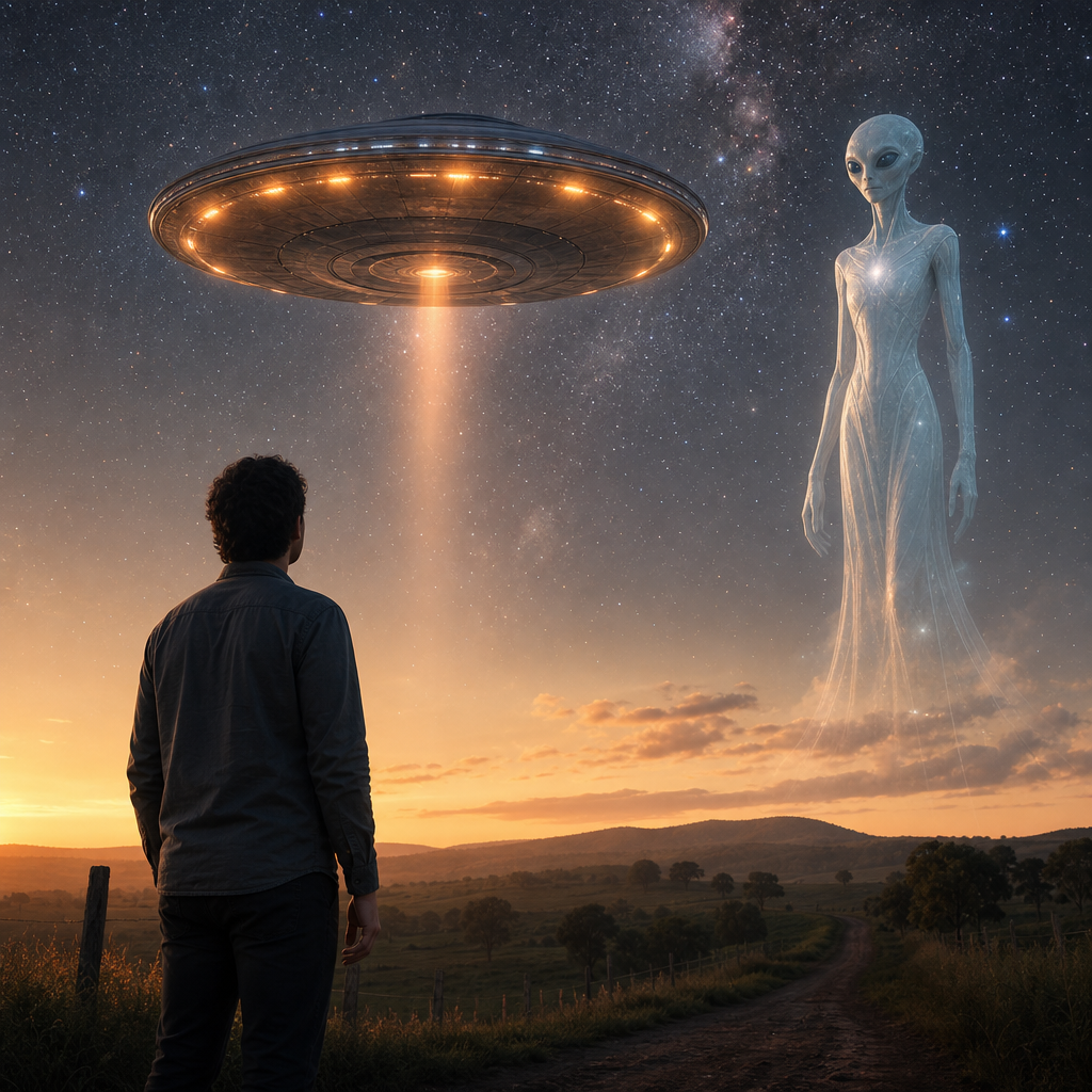 Uma pessoa observa o céu ao entardecer, onde um disco voador luminoso e uma presença extraterrestre benevolente simbolizam a expansão da consciência para além da existência terrestre.