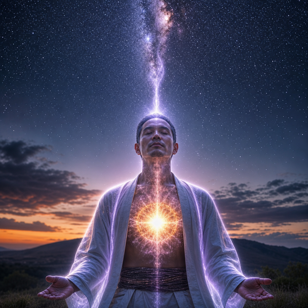 Pessoa em meditação com aura cósmica visível, núcleo de luz estelar no peito e conexão luminosa com o céu estrelado.