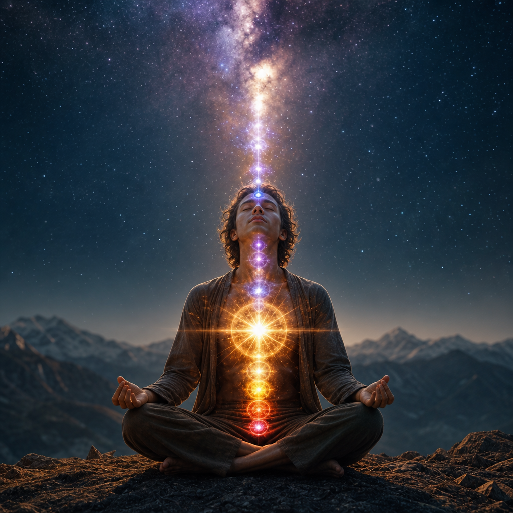 Uma pessoa em meditação com aura cósmica visível, chakras luminosos e uma conexão de luz com o céu estrelado.